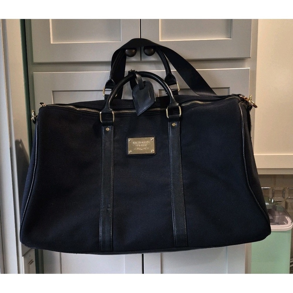 Victorias Secret Large Canvas Weekend Travel Duffel Bag Black Gold Trim w/Strap